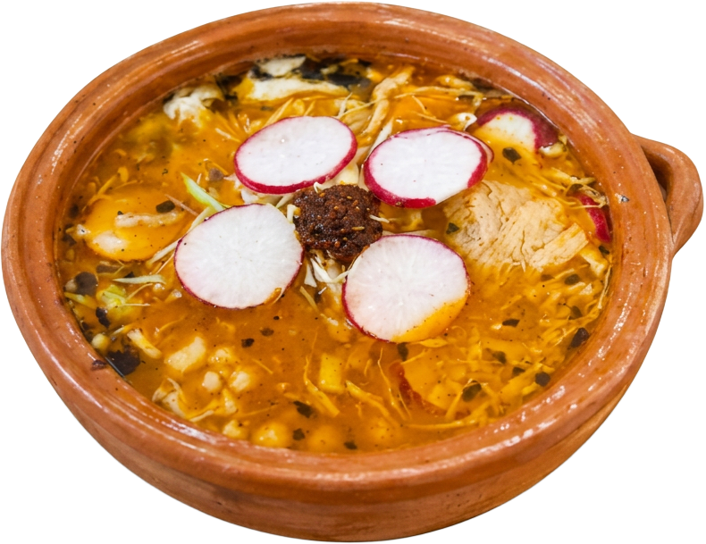 Pozole with radish, cabbage and fresh garnishes