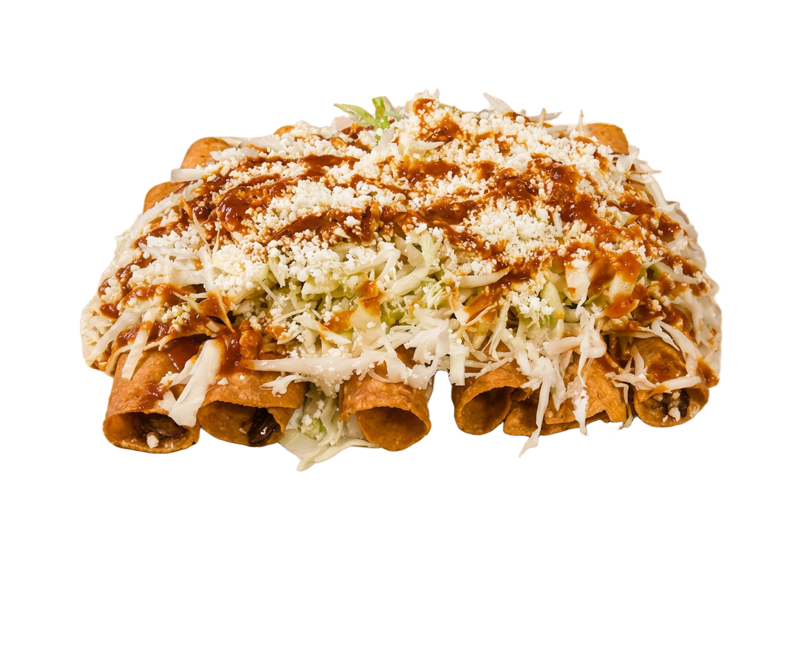 Crispy tacos dorados with lettuce, cheese and red salsa