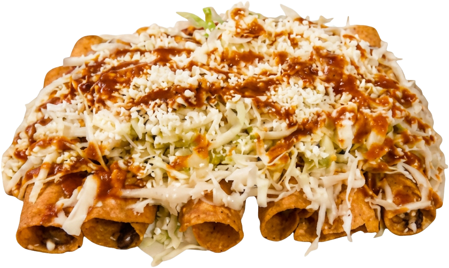 Crispy tacos dorados with lettuce, cheese and red salsa